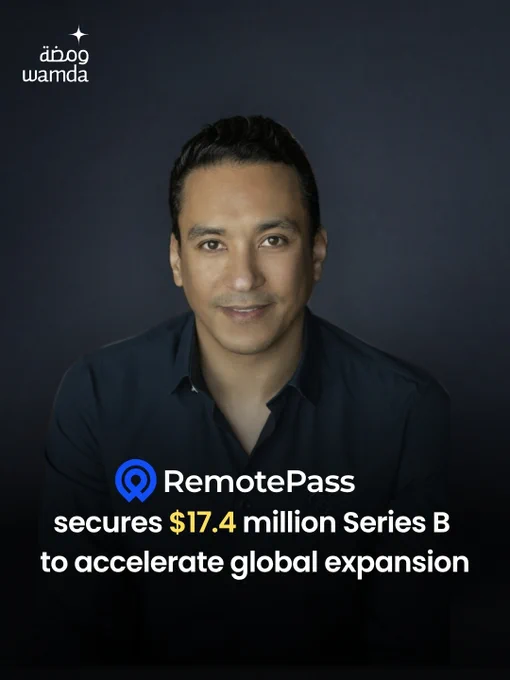 Wamda-branded announcement graphic featuring RemotePass founder Karim Nadi on a dark blue background. The image highlights RemotePass raising $17.4 million in a Series B funding round to support global expansion. The funding amount is emphasised in yellow, alongside the company’s blue logo and bold white text.