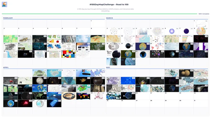 Interactive 100-day map calendar screenshot: tiled thumbnails for each public build day (Feb 9–May 19, 2026). Live page links every tile back to its source LinkedIn post.
