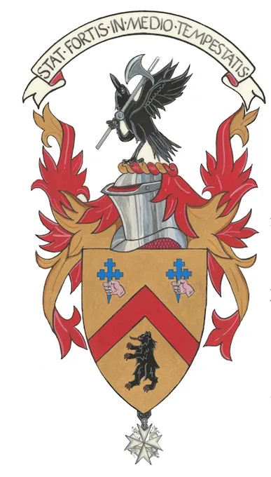 Or a chevron Gules in chief two hands Proper each holding a cross crosslet fitchee Azure and in base a bear rampant Sable langued Gules.