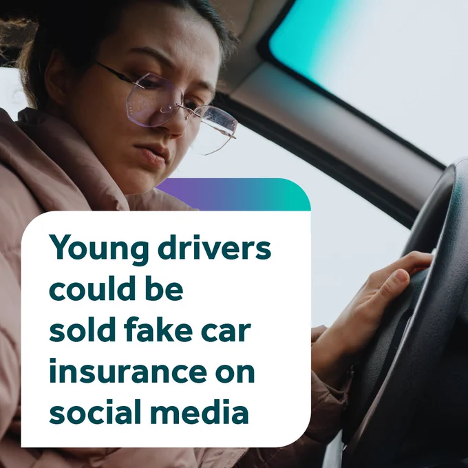 Person driving a car with focus on hands and steering wheel, illustrating dangers of fake insurance targeting young drivers on social media.
