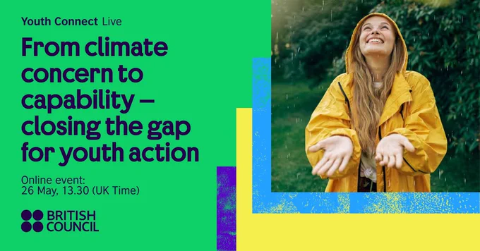 Young person in a yellow raincoat with outstretched hands, symbolizing youth engagement in climate action, alongside event details on closing the youth action gap.