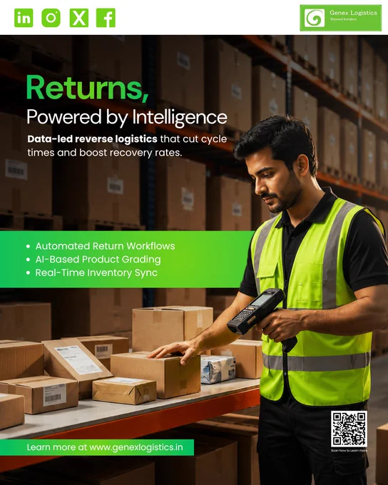 Returns don't have to be a black hole. Genex Logistics' AI-powered reverse logistics cuts cycle times, boosts recovery rates & turns returns into a streamlined, profitable operation. One scan. One system. Complete returns confidence. 📩 info@genexlogistics.in