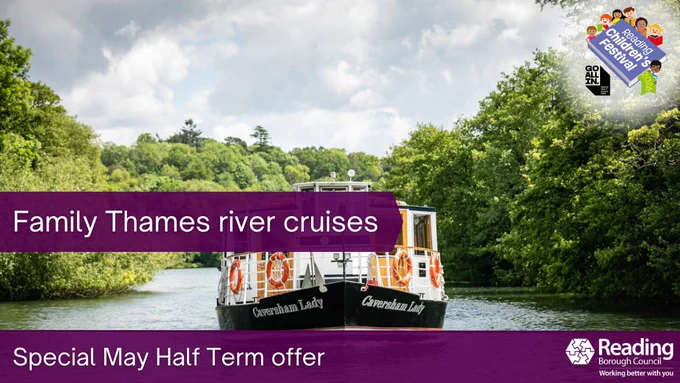Family Thames river cruises offer on the Caversham Lady boat, with Reading Children's Festival branding.