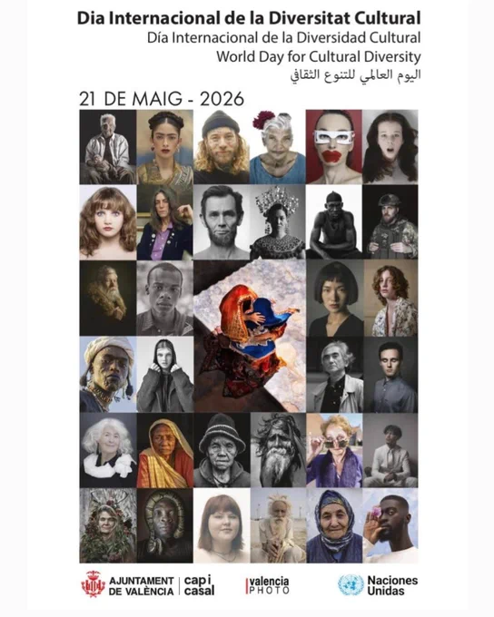 Día Internacional de la Diversidad Cultural, 21 mayo 2026: collage de rostros diversos y logos de organizadores.