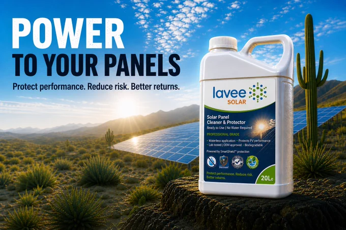 Solar panels installed in a dry, desert environment with a Lavee Solar cleaning and protection product in the foreground, highlighting waterless solar panel maintenance and performance protection.
