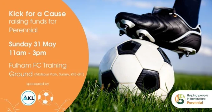 Football boot balanced on a football on a grassy pitch, alongside event details for “Kick for a Cause” fundraising event for Perennial at Fulham FC Training Ground, including date, time and sponsor logos.