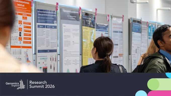 Attendees examining abstract posters displayed at the Genomics England Research Summit.