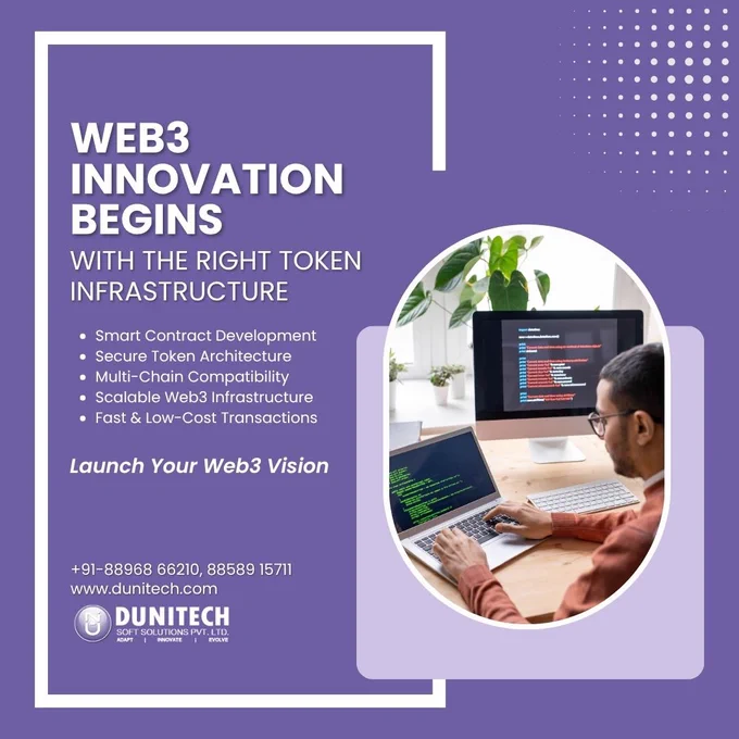Purple-themed Web3 promotional banner featuring a developer coding on a laptop and desktop setup. The design highlights smart contract development, secure token architecture, multi-chain compatibility, scalable Web3 infrastructure, and fast low-cost transactions by Dunitech Soft Solutions.