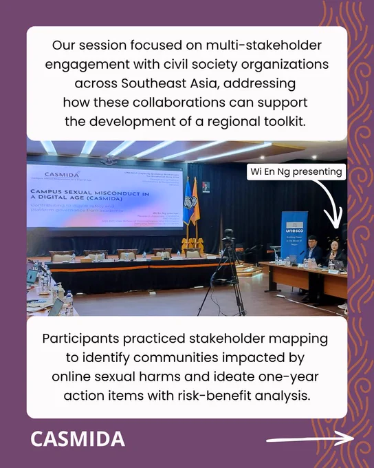 Top of the page reads: "Our session focused on multi-stakeholder engagement with civil society organizations across Southeast Asia, addressing how these collaborations can support the development of a regional toolkit."

The text is interrupted by an image of presentation slides titled "Campus Sexual Misconduct in a Digital Age (CASMIDA)" to the right of the slides in Wi En Ng presenting. 

Bottom of the page continues, "Participants practiced stakeholder mapping to identify communities impacted by online sexual harms and ideate one-year action items with risk-benefit analysis."