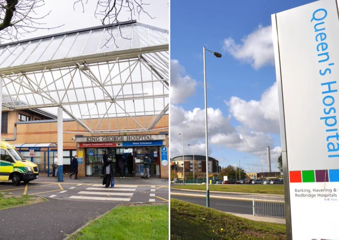 Outside the main entrances of King George and Queen's hospitals