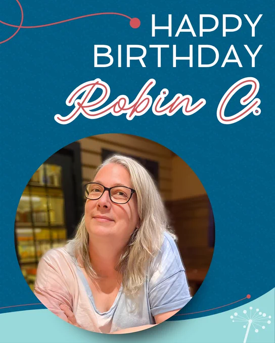 A birthday greeting card with a smiling person. The card features a blue background with white and red text overlay.