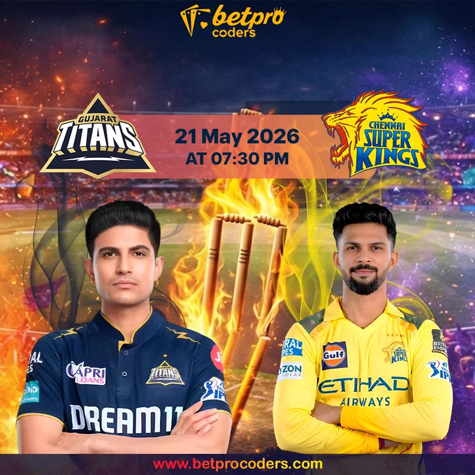 IPL 2026 promotional match poster featuring Gujarat Titans vs Chennai Super Kings in a knockout-style T20 cricket clash scheduled for 7:30 PM, highlighting players, team logos, fiery stadium background, and BetproCoders branding for live cricket API and iGaming platform solutions.