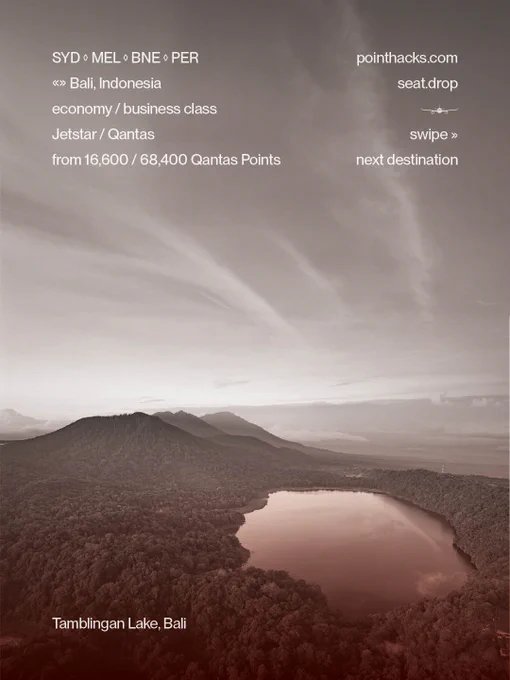 A scenic view of Tamblingan Lake in Bali with mountains in the background under a wide, cloudy sky. The image contains text about flights from various cities to Bali, Indonesia, mentioning airlines like Jetstar and Qantas, with economy and business class options, and highlighting frequent flyer points.