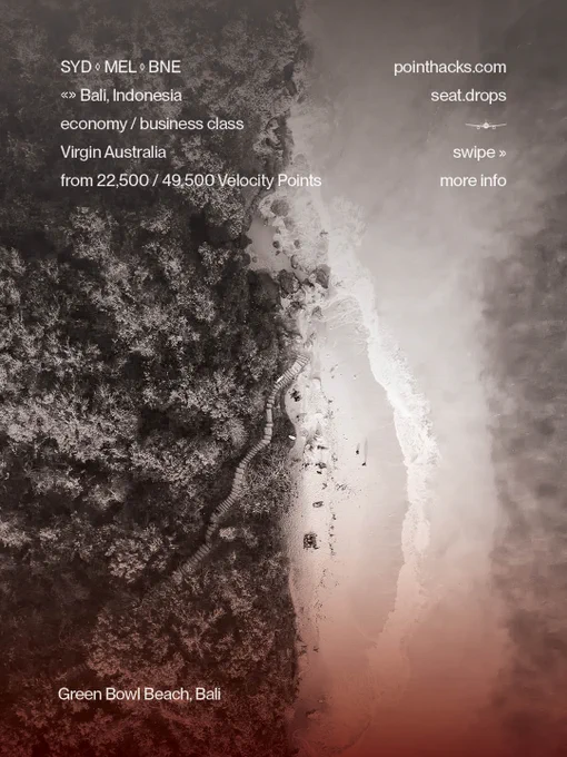Aerial view of Green Bowl Beach in Bali, featuring a contrast between dense forest and sandy shoreline. The image contains text promoting Virgin Australia flights to Bali, highlighting economy and business class options, and mentioning Velocity Points and a website called pointhacks.com.