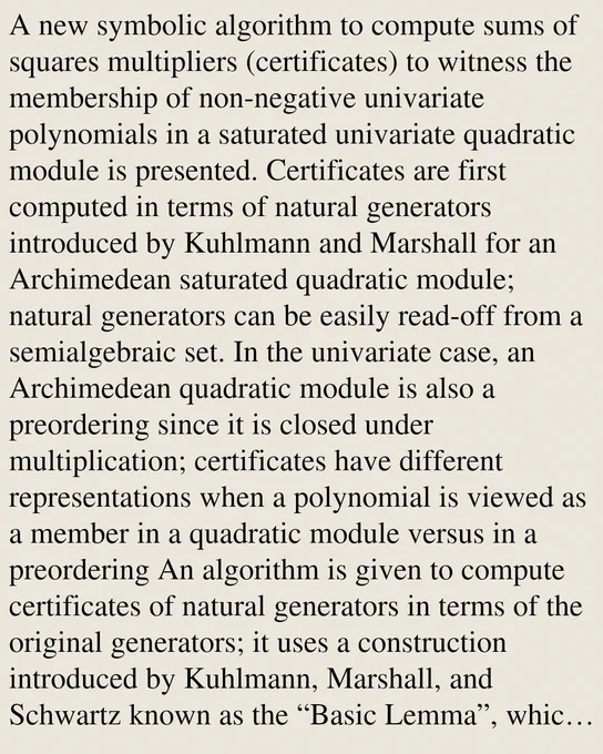 A new symbolic algorithm to compute sums of squares multipliers (certificates) to witness the membership of non-negative univariate polynomials in a saturated univariate quadratic module is presented. Certificates are first computed in terms of natural generators introduced by Kuhlmann and Marshall for an Archimedean saturated quadratic module; natural generators can be easily read-off from a semialgebraic set. In the univariate case, an Archimedean quadratic module is also a preordering since it is closed under multiplication; certificates have different representations when a polynomial is viewed as a member in a quadratic module versus in a preordering An algorithm is given to compute certificates of natural generators in terms of the original generators; it uses a construction introduced by Kuhlmann, Marshall, and Schwartz known as the “Basic Lemma”, which splits the non-negative factors of generators. To compute a quadratic module certificate, certificates of products of natural g