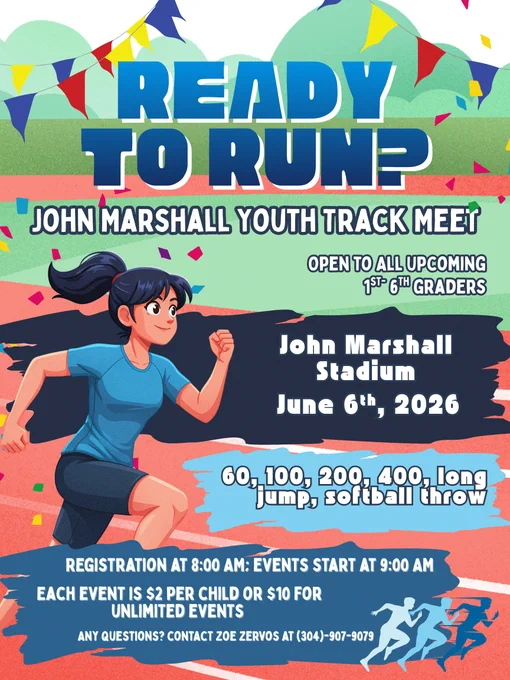 Colorful poster advertising a youth track meet with a cartoon girl running and event details like date, location, and event types.