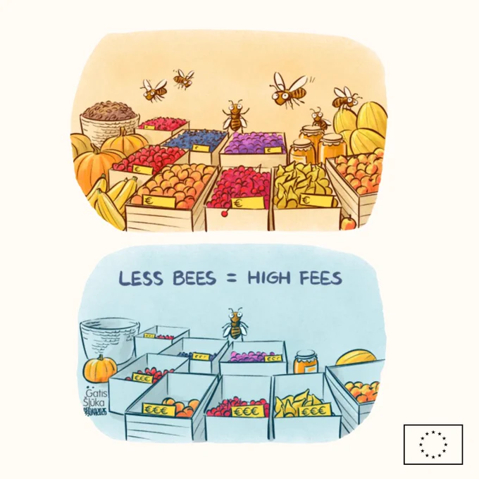 The image features two colourful illustrations of a market stand with various fruits and vegetables. The top one has warm, joyful colours, with many bees flying around and baskets filled with fruit. The bottom part, painted in blue, gives a cooler feeling and features fewer bees and produce, with the text 'less bees = high fees'. There is a European Union logo in the bottom right corner. 