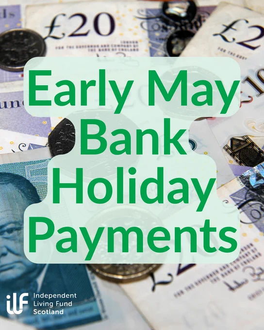 Early May Bank Holiday Payments text on a background of scattered £20 notes. 