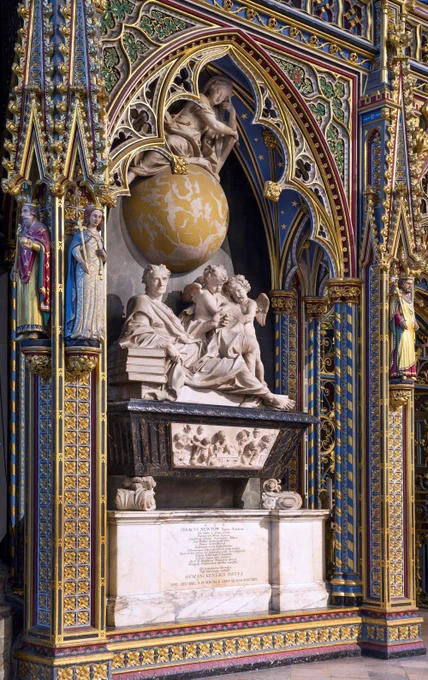 A large white and grey marble memorial to Sir Isaac Newton in Westminster Abbey