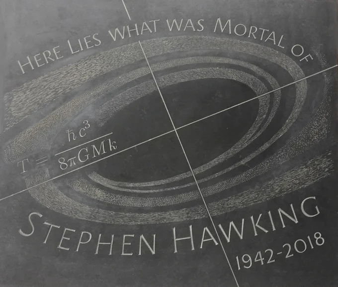 A memorial stone to Stephen Hawking, which reads 'Here Lies What Was Mortal of Stephen Hawking 1942-2018'