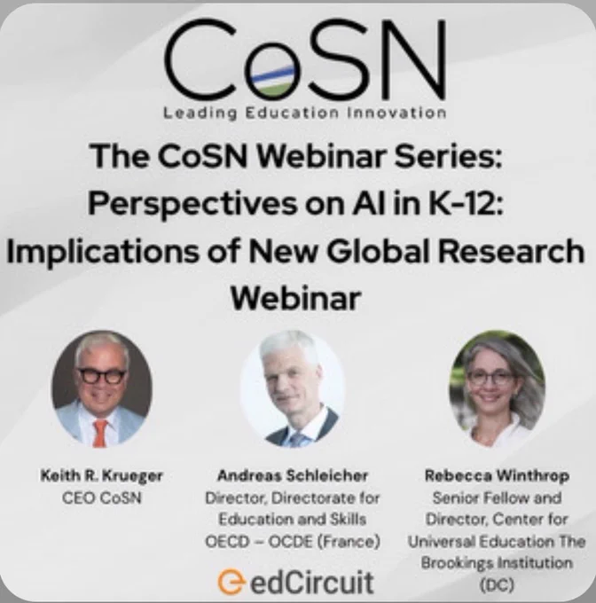 AI in schools: opportunity or risk? 
The latest CoSN podcast features global education leaders Rebecca Winthrop and Andreas Schleicher on the future of AI in K-12. 
Listen now - https://open.spotify.com/episode/0lAUYz0lsp8Ot6X24HRb8O