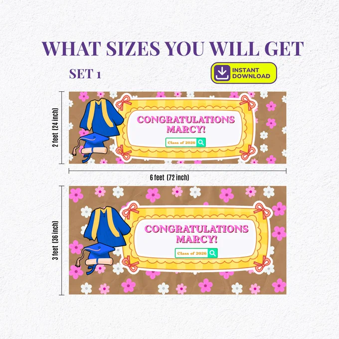 Personalized graduation party banner Set 2 in pink floral design with purple graduation gown, shown in two print sizes — 2 feet x 6 feet and 3 feet x 6 feet — displaying custom name "Congratulations Marcy!" and Class of 2026, ideal for indoor grad party backdrops and Walgreens or Costco printing. Grab yours today: https://starjournalingstudio.etsy.com/listing/4507851418/graduation-banner-template-canva-class