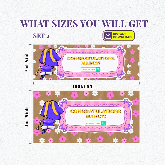 Graduation party backdrop template Set 3 in blue and lilac floral design with purple graduation robe, showing 2x6 ft and 3x6 ft printable banner sizes with custom "Congratulations" name text and Class of 2026 — perfect personalized high school or college graduation backdrop, Canva template instant download. Grab yours today: https://starjournalingstudio.etsy.com/listing/4507851418/graduation-banner-template-canva-class