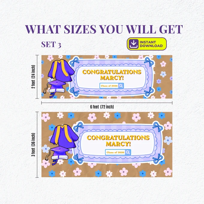 Congratulations Graduate banner template Set 1 in yellow and gold floral design with blue graduation cap and gown, available in 2x6 ft and 3x6 ft sizes, featuring editable name and Class of 2026 field — print-ready digital download for graduation party decorations 2026. Grab yours today: https://starjournalingstudio.etsy.com/listing/4507851418/graduation-banner-template-canva-class