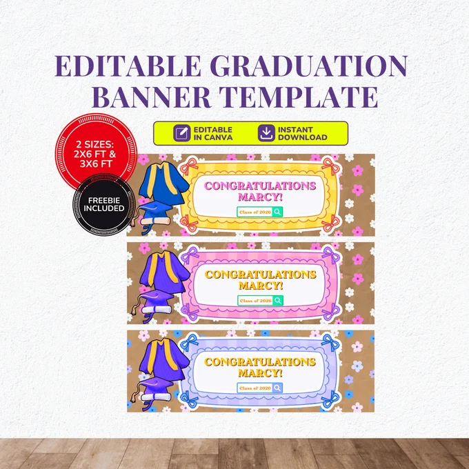 Editable graduation banner template set of 3 designs featuring Class of 2026 personalized text, graduation cap and gown illustration, floral background in pink, purple, and blue colorways — Canva editable, Walgreens print-ready, 2x6 ft and 3x6 ft sizes included, instant download. Grab yours today: https://starjournalingstudio.etsy.com/listing/4507851418/graduation-banner-template-canva-class