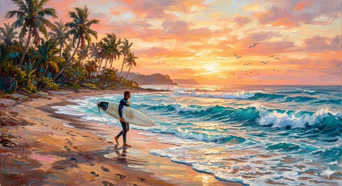 Bom dia. 🌅🌊
Que o dia comece leve como a brisa do oceano e intenso como a energia das primeiras ondas ao nascer do sol. 

Entre cores douradas, água cristalina e o silêncio da manhã, o surf lembra que a felicidade muitas vezes mora nos momentos mais simples. 🏄‍♂️✨


#BomDia #SurfLifestyle #SurfArt #TintaAOleo #OceanVibes #SurfCulture #WaveLife #SunriseSurf #Praia #GoodVibes