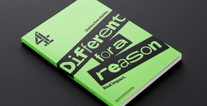 It shows a picture of the annual report which is Channel 4 green with the text Distinctive Stories. Different for a Reason and smaller underneath Real impact. The Channel 4 logo is in the top left hand corner.