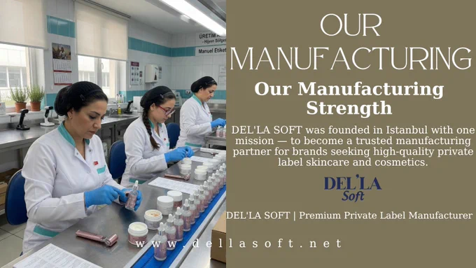 Women working in a modern cosmetic production facility in Turkey. Text overlay: OUR MANUFACTURING. GMP-certified facility with international quality standards. DEL'LA SOFT | Premium Private Label Manufacturer. www.dellasoft.net
