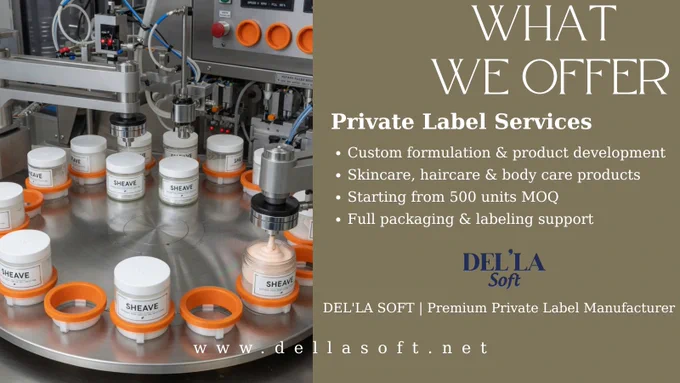 Automatic cosmetic filling machine in a production line. Text overlay: WHAT WE OFFER. Private Label Services including custom formulation, low MOQ from 500 units, and full packaging support. DEL'LA SOFT | Premium Private Label Manufacturer. www.dellasoft.net