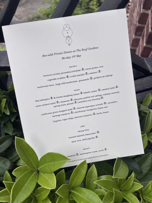 Dinner menu for a Bee:Wild Dinner event which indicates which ingredients are dependent on pollinators with a symbol of bee, where as Professor Simon Potts and Dr Breeze, provided the scientific bases to indicate which ingredients rely on bees and other pollinators for production.
