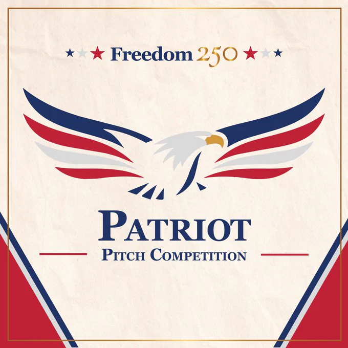 Logo features an eagle with red, white, and blue wings, promoting the Patriot Pitch Competition with a focus on American innovation.