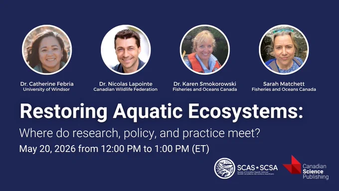 Panel featuring four aquatic ecosystem experts with event details on research, policy, and practice integration scheduled for May 20, 2026.