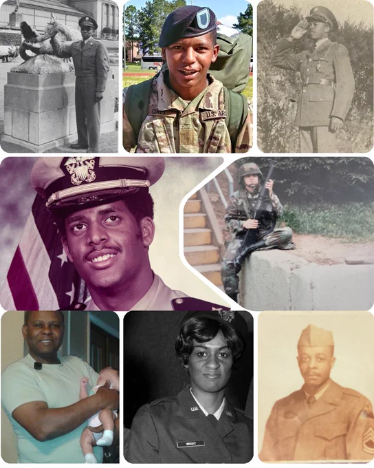 A collage showcasing various military personnel in uniforms across different eras. The image includes individuals in formal attire, holding a baby, and one posing with a rifle.