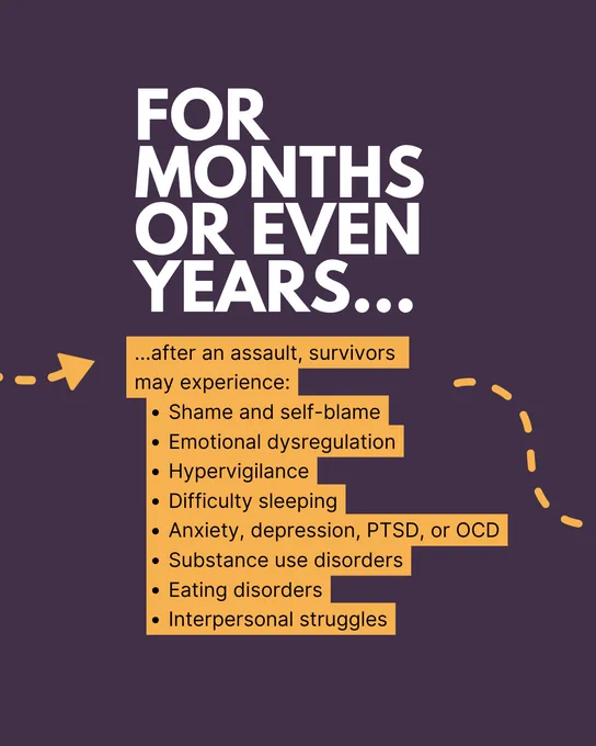 For months or even years after the assault, survivors may experience: Shame and self-blame Emotional dysregulation Hypervigilance Difficulty sleeping Anxiety, depression, PTSD, or OCD Substance use disorders Eating disorders Interpersonal struggles