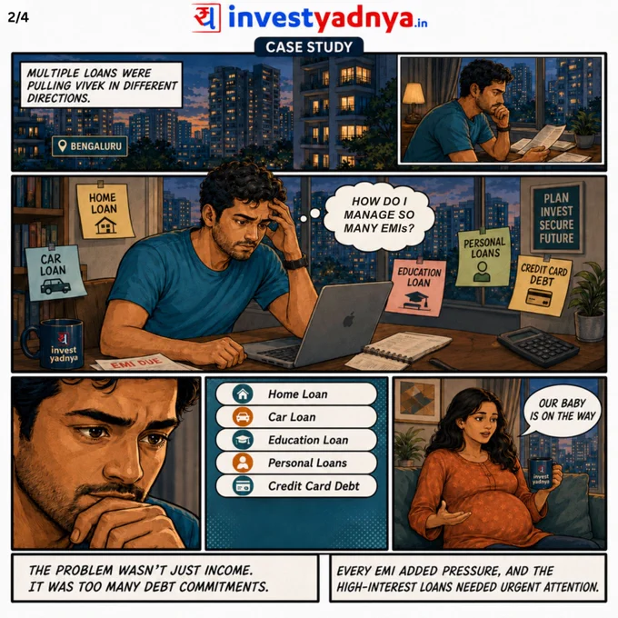 Meet Vivek, a software engineer from Bengaluru. Despite a good income, he felt trapped by multiple EMIs—Home, Car, Education, and high-interest Personal Loans & Credit Card debt. With a baby on the way, the pressure was mounting.

Here is the simple 3-Step Strategy he used to regain control:

Clean Bad Debt: Clear anything with >10% interest (credit cards/personal loans).

Protect First: Secure Term & Health Insurance.

Invest Simply: Balance growth with stability.

Ready to build your roadmap?
Visit investyadnya.in for expert financial planning.
Save this to audit your loans today!