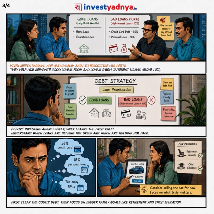 Meet Vivek, a software engineer from Bengaluru. Despite a good income, he felt trapped by multiple EMIs—Home, Car, Education, and high-interest Personal Loans & Credit Card debt. With a baby on the way, the pressure was mounting.

Here is the simple 3-Step Strategy he used to regain control:

Clean Bad Debt: Clear anything with >10% interest (credit cards/personal loans).

Protect First: Secure Term & Health Insurance.

Invest Simply: Balance growth with stability.

Ready to build your roadmap?
Visit investyadnya.in for expert financial planning.
Save this to audit your loans today!