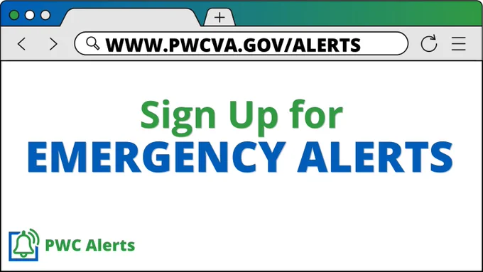 Web browser to www.pwcva.gov/alerts and text that reads “Sign up for Emergency Alerts”
