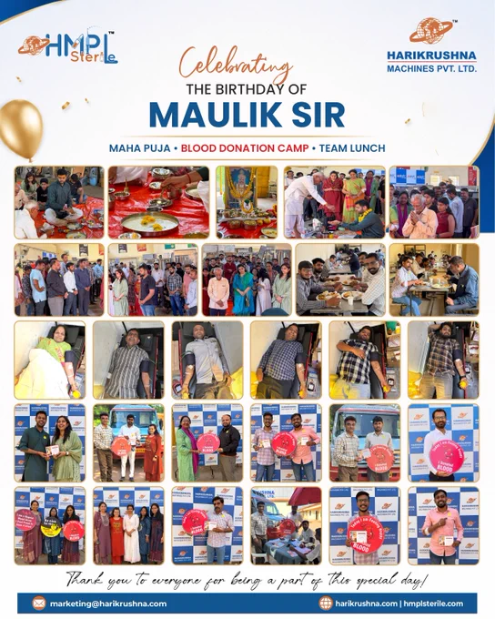 Today at HMPL, we celebrated Maulik Sir’s birthday in a way that truly reflected our values. 

The day began with Maha Puja, followed by a Blood Donation Camp and a warm team lunch with the HMPL family. From blessings and positive energy to service and togetherness, it was a celebration that felt meaningful from start to finish. 

What made the day special was the spirit of everyone coming together with warmth, gratitude, and genuine participation. 

Moments like these stay with us because they go beyond celebration; they build connection. 

Wishing Maulik Sir good health, happiness, and continued success ahead. 

A celebration rooted in gratitude, care, and unity.

#HMPL #MaulikSir #BirthdayCelebration #BloodDonationCamp #TeamSpirit #HMPLSterile #HarikrushnaMachines