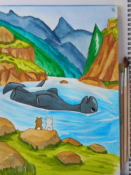 Butternut & Chow at the top of a waterfall while the Himalayan Fluffosaurus enjoys a swim 