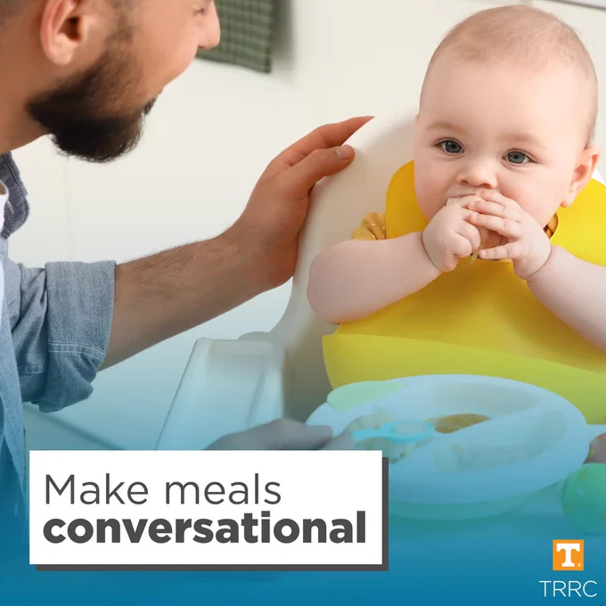 a parent feeding a child with the text "make meals conversational"