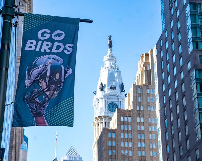 Eagles banner hanging in Philadelphia.