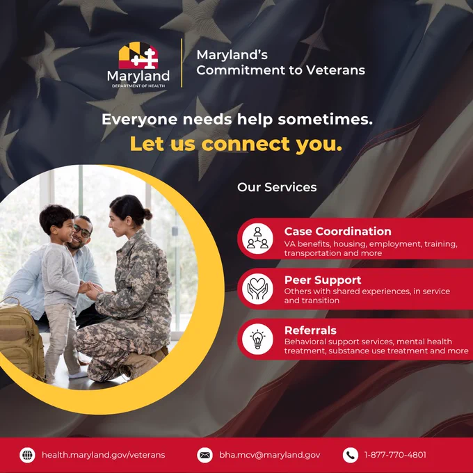 Maryland’s Commitment to Veterans. Everyone needs help sometimes. Let us connect you. Our services include case coordination including VA benefits, housing, employment, training, transportation and more, peer support to connect with others with shared experiences in service and transition, and referrals to behavioral health services, mental health treatment, substance use treatment and more. Learn more at health.maryland.gov/veterans, bha.mcv@maryland.gov, or 1-877-770-4801.
