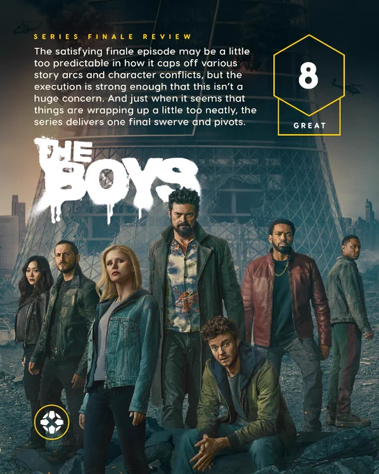The Boys Series Finale Review

Score: 8 (Great)

The satisfying finale episode may be a little too predictable in how it caps off various story arcs and character conflicts, but the execution is strong enough that this isn’t a huge concern. And just when it seems that things are wrapping up a little too neatly, the series delivers one final swerve and pivots.