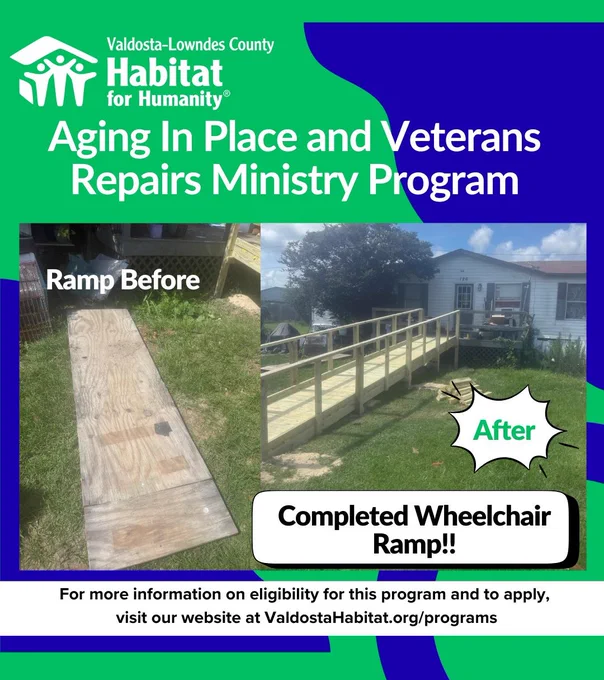 We are still on a roll with our critical home repairs program! Wheel chair ramps are in high demand and we know the importance of having a safe, sturdy wheelchair ramp that will provide significantly improved accessibility and independence for years to come!

If you are in need of a ramp or other critical home repairs, visit our Aging In Place and Veterans Repairs Ministry Program at https://www.valdostahabitat.org/aging-in-place-ministry-program for information and how to apply. 
This program is funded by donations and grants. To donate please visit our website at https://www.valdostahabitat.org/take-action
#ValdostaLowndesHabitatforHumanity #aginginplace #veteransrepairs #WeLoveOurCommunity #wheelchairramps #valdosta 
 #habitatgeorgia #habitatforhumanitygeorgia