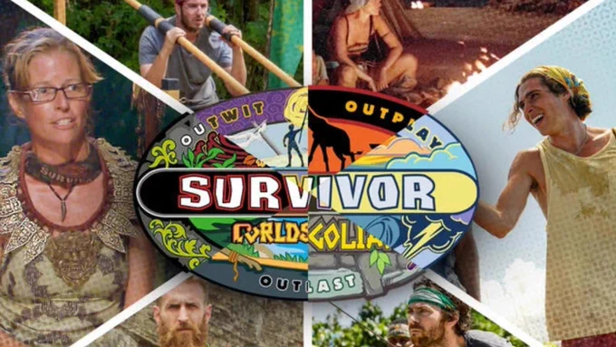 A photo collage of Survivor contestants from various seasons around the logo from their season. Clockwise from top left: Rick Devens on Survivor: Edge of Extinction, Kelly Goldsmith on Survivor: Africa, Xander Hastings in Survivor: Season 41, Christian Hubicki on Survivor: David vs. Goliath, Max Dawson on Survivor: Worlds Apart and Kass McQuillen on Survivor: Cagayan — Brawn vs. Brains vs. Beauty.