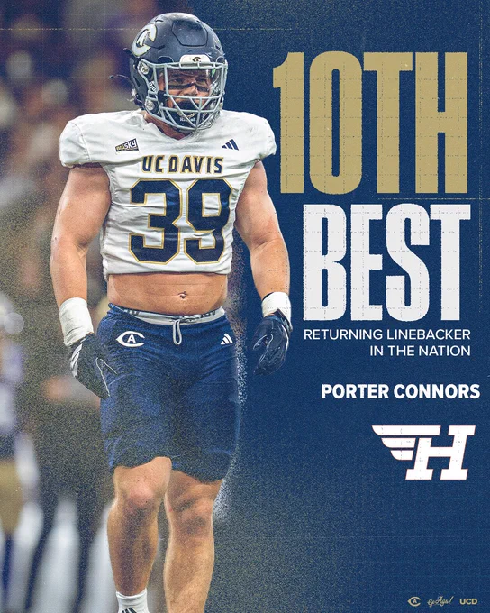 Blue graphic with photo and cutout of Connors in a football game next to text stating his national ranking and his name above the hero sports logo.